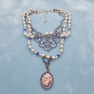Vintage Pearl & Blue Crystal Bib Necklace, White Persian Cat Pendant, Victorian